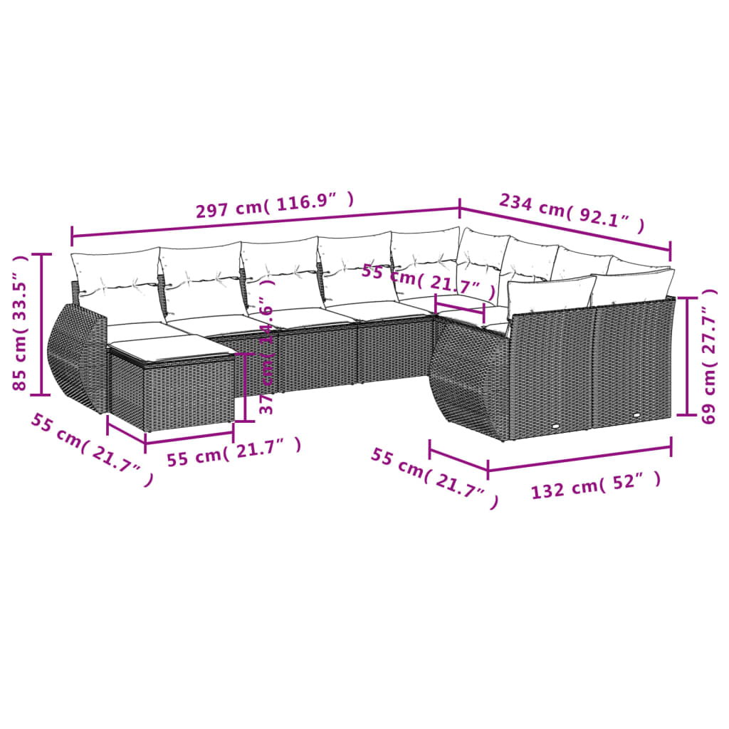 10 pcs conjunto sofás de jardim c/ almofadões vime PE cinzento - Leva - Me - Contigo