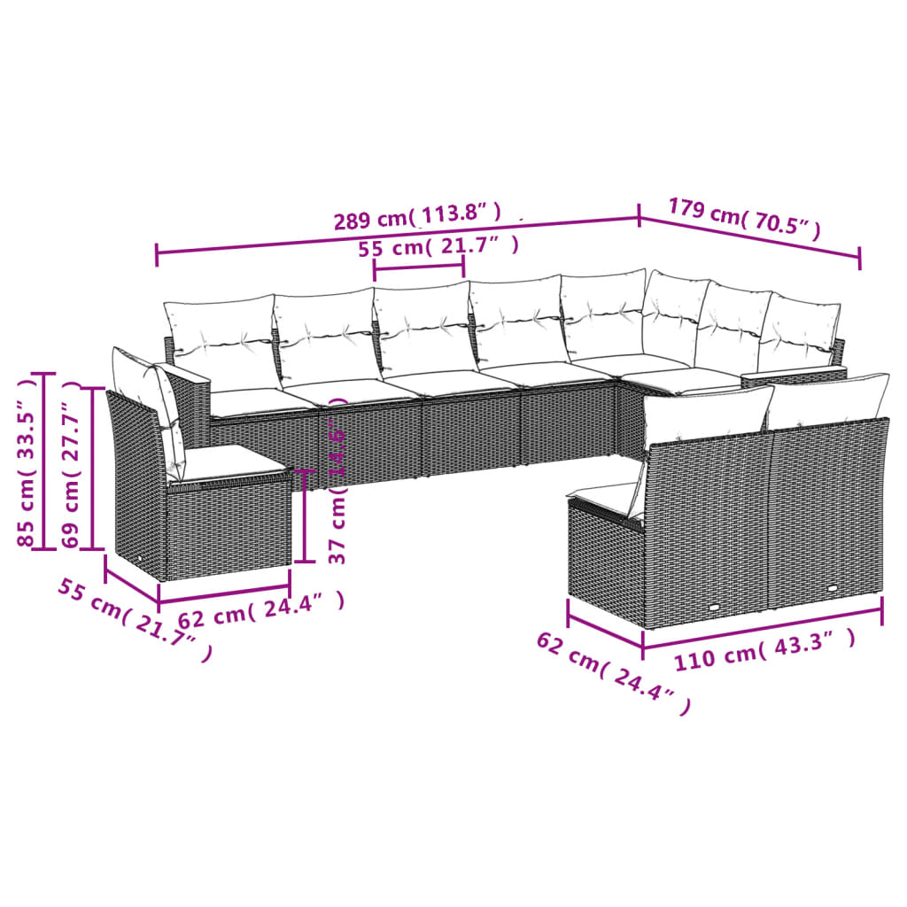 10 pcs conjunto sofás de jardim c/ almofadões vime PE cinzento - Leva - Me - Contigo