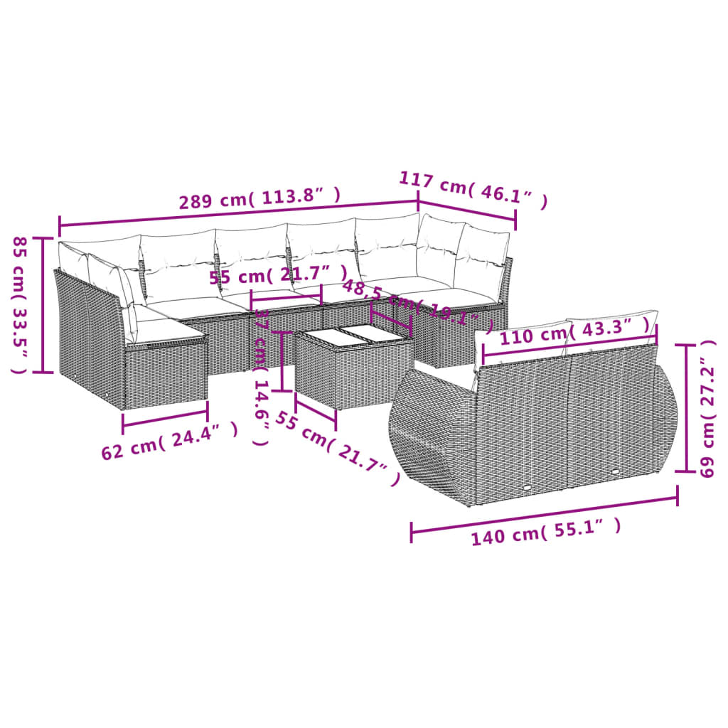 10 pcs conjunto sofás de jardim c/ almofadões vime PE cinzento - Leva - Me - Contigo