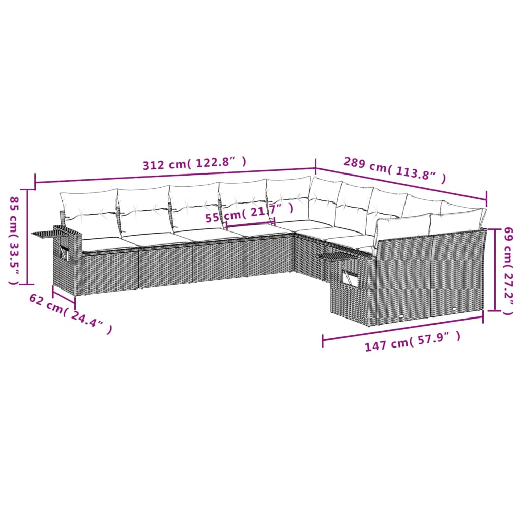 10 pcs conjunto sofás de jardim c/ almofadões vime PE cinzento - Leva - Me - Contigo