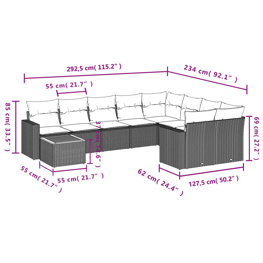 10 pcs conjunto sofás de jardim c/ almofadões vime PE cinzento - Leva - Me - Contigo