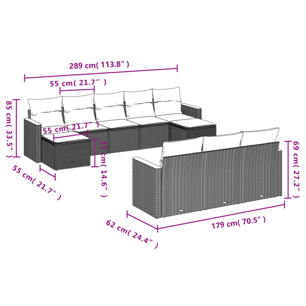 10 pcs conjunto sofás de jardim c/ almofadões vime PE cinzento - Leva - Me - Contigo