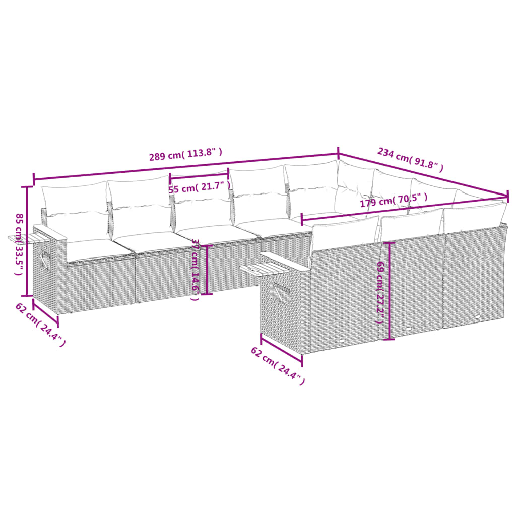 10 pcs conjunto sofás de jardim c/ almofadões vime PE cinzento - Leva - Me - Contigo