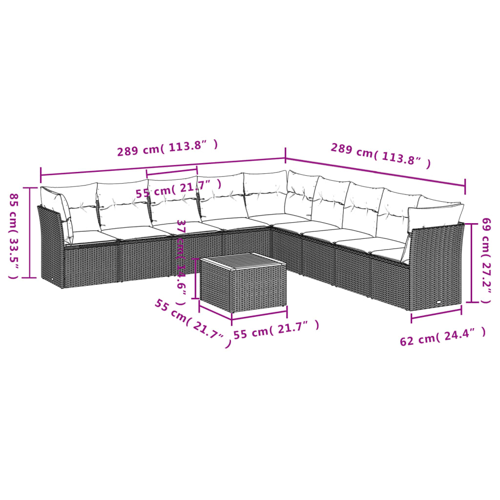 10 pcs conjunto sofás de jardim c/ almofadões vime PE cinzento - Leva - Me - Contigo