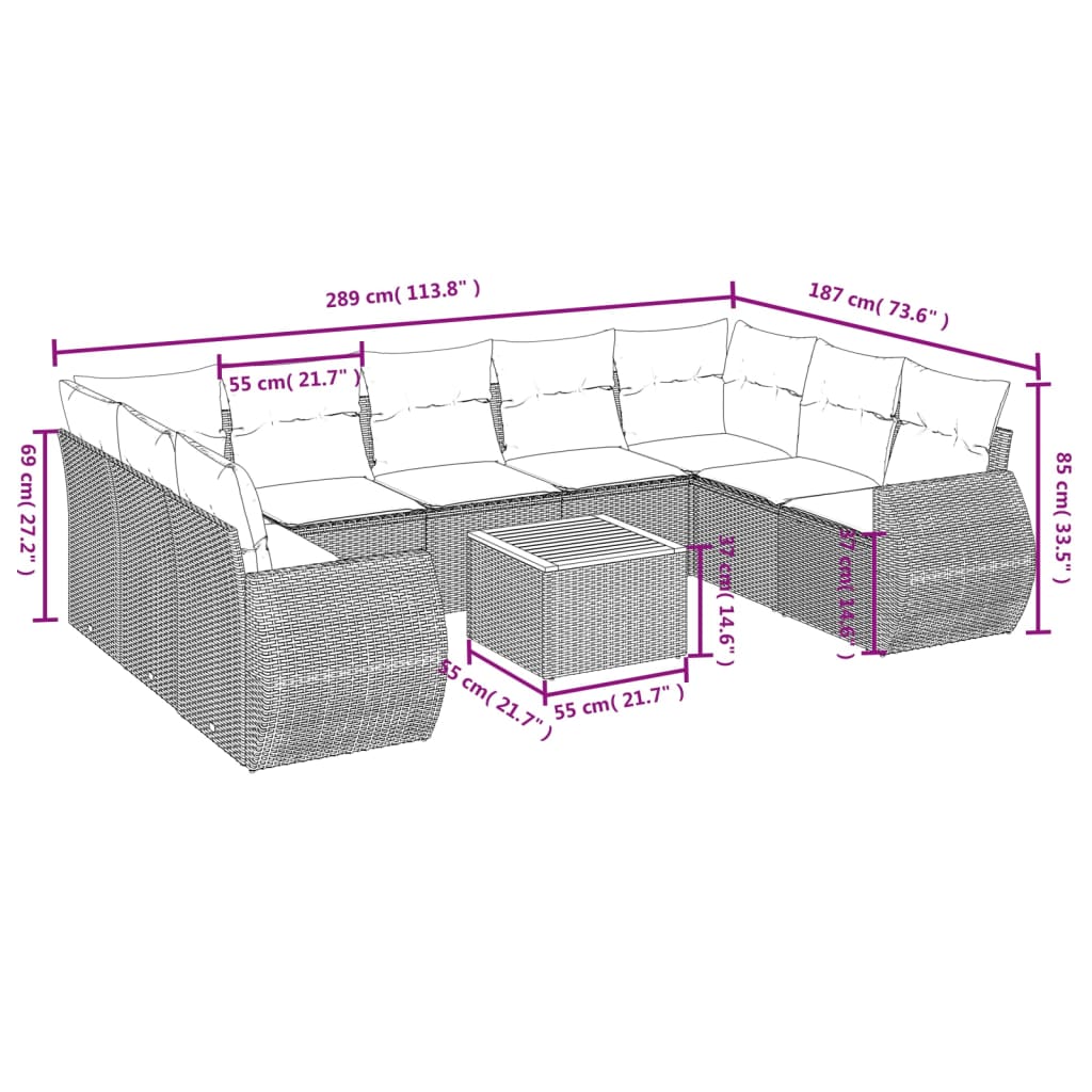 10 pcs conjunto sofás de jardim c/ almofadões vime PE cinzento - Leva - Me - Contigo