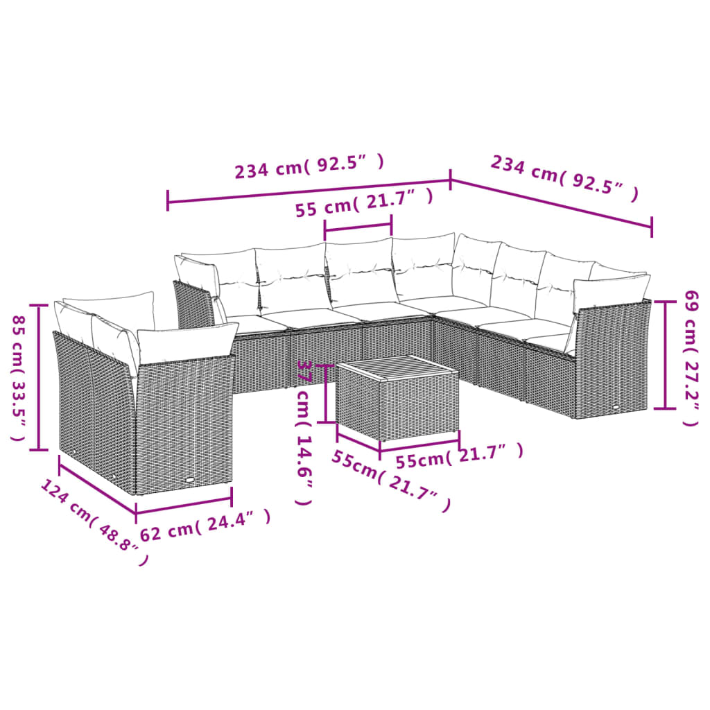 10 pcs conjunto sofás de jardim c/ almofadões vime PE cinzento - Leva - Me - Contigo