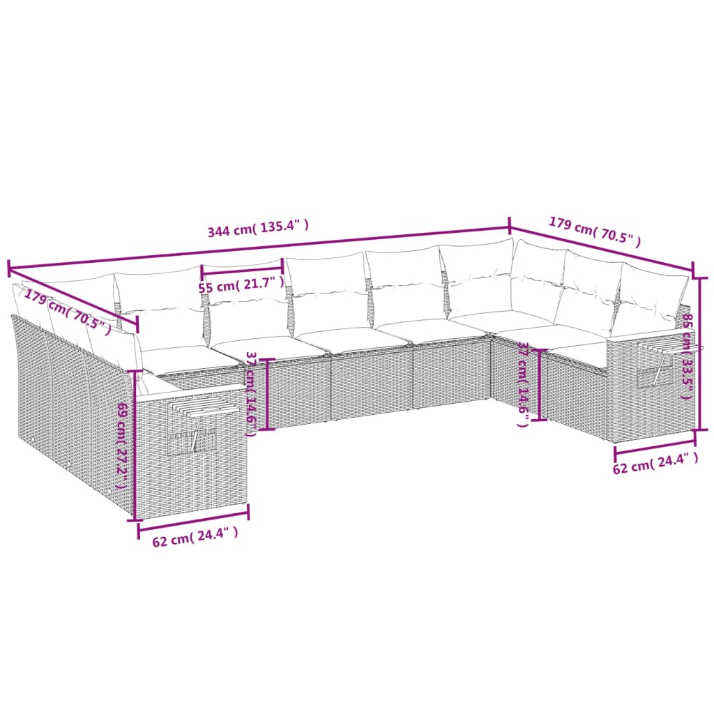 10 pcs conjunto sofás de jardim c/ almofadões vime PE cinzento - Leva - Me - Contigo