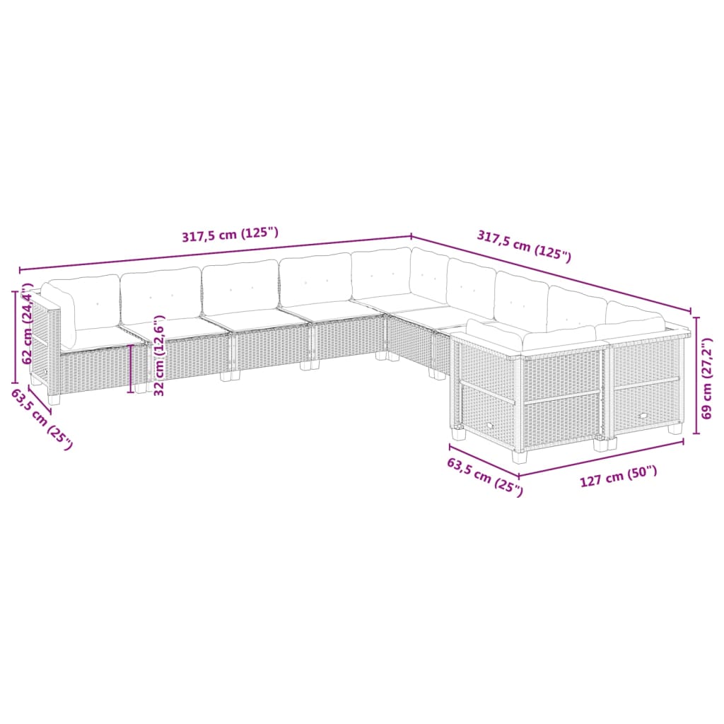 10 pcs conjunto sofás de jardim c/ almofadões vime PE cinzento - Leva - Me - Contigo