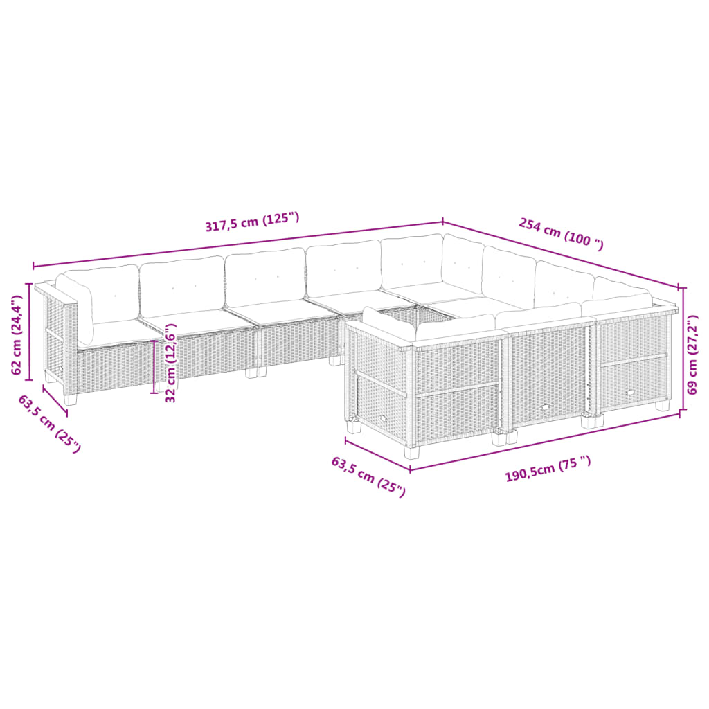 10 pcs conjunto sofás de jardim c/ almofadões vime PE cinzento - Leva - Me - Contigo