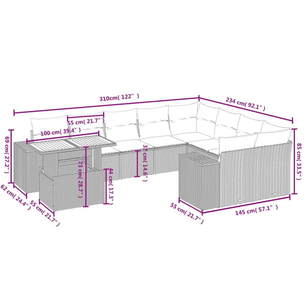 10 pcs conjunto sofás de jardim c/ almofadões vime PE cinzento - Leva - Me - Contigo