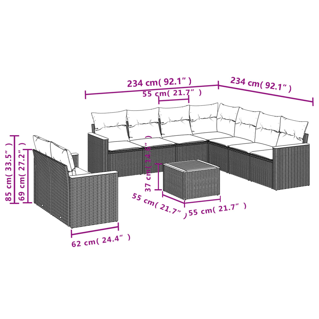 10 pcs conjunto sofás de jardim c/ almofadões vime PE cinzento - Leva - Me - Contigo