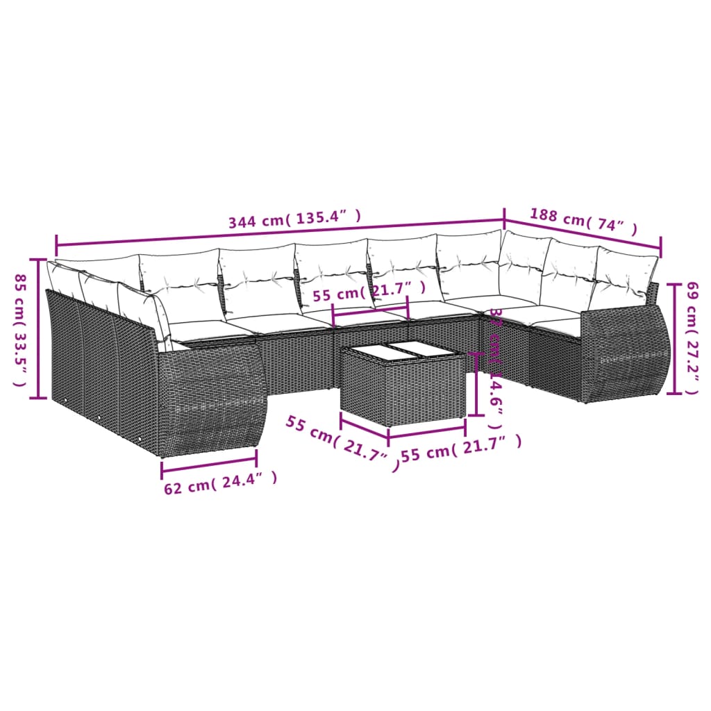 10 pcs conjunto sofás de jardim c/ almofadões vime PE cinzento - Leva - Me - Contigo