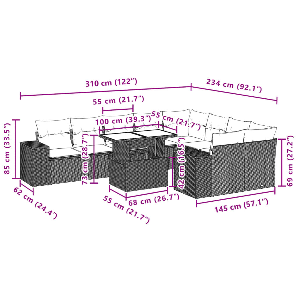 10 pcs conjunto sofás de jardim c/ almofadões vime PE cinzento - Leva - Me - Contigo