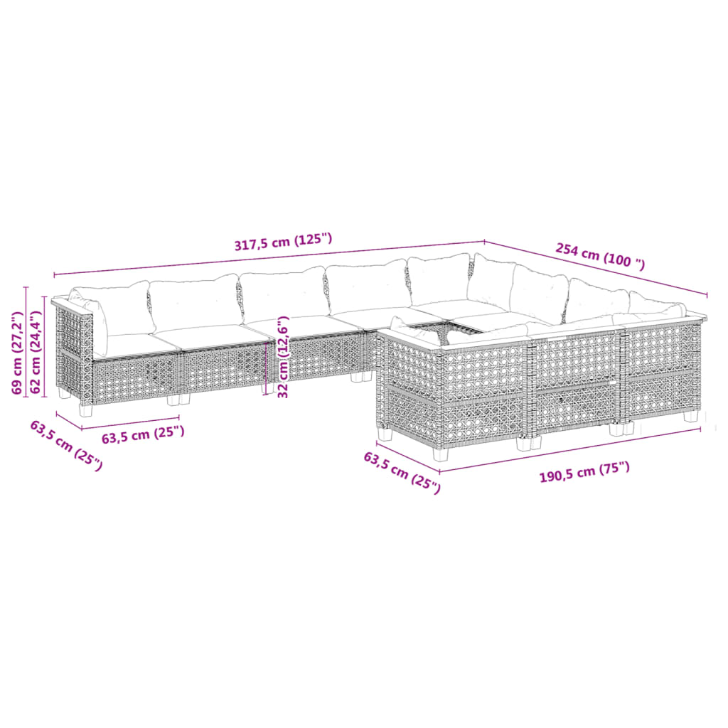 10 pcs conjunto sofás de jardim c/ almofadões vime PE cinzento - Leva - Me - Contigo