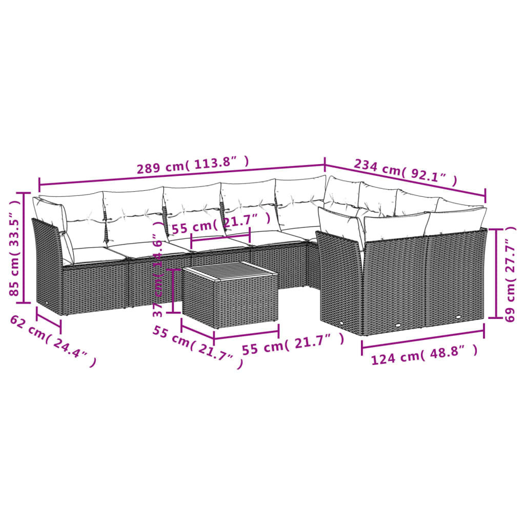 10 pcs conjunto sofás de jardim c/ almofadões vime PE cinzento - Leva - Me - Contigo