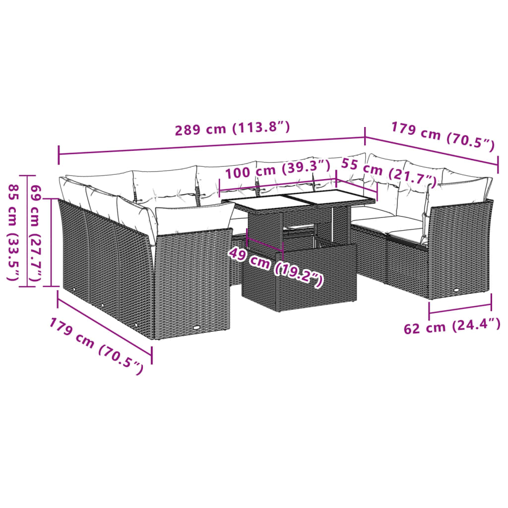 10 pcs conjunto sofás de jardim c/ almofadões vime PE cinzento - Leva - Me - Contigo