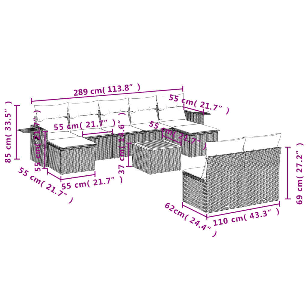 10 pcs conjunto sofás de jardim c/ almofadões vime PE cinzento - Leva - Me - Contigo