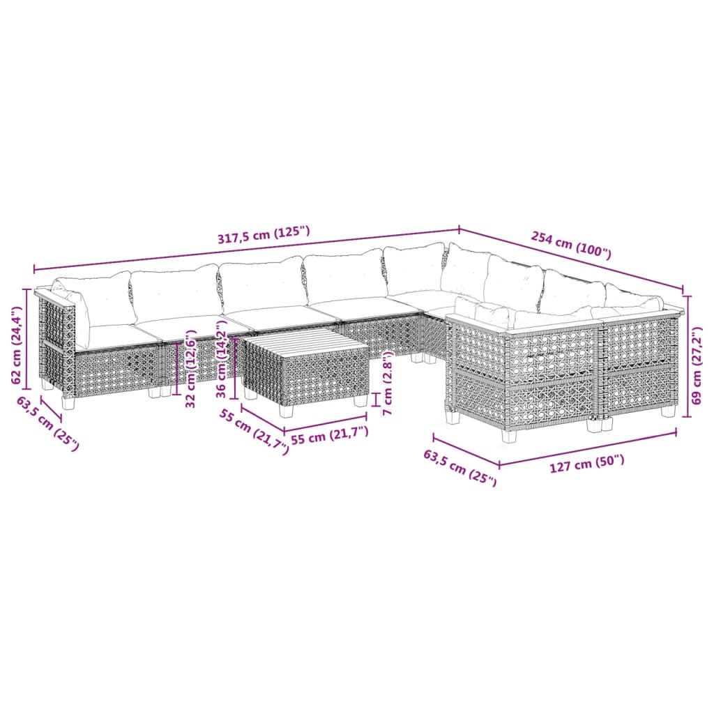 10 pcs conjunto sofás de jardim c/ almofadões vime PE cinzento - Leva - Me - Contigo