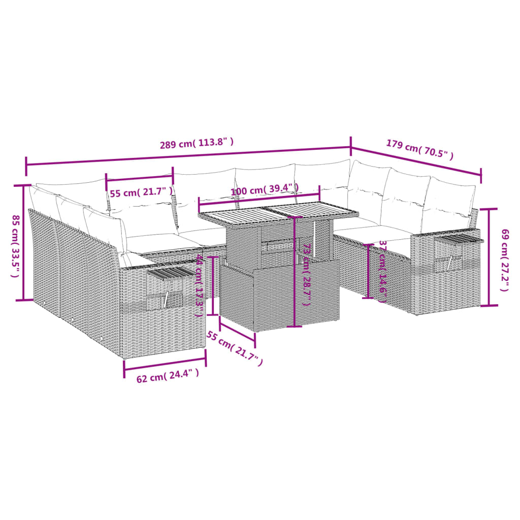 10 pcs conjunto sofás de jardim c/ almofadões vime PE cinzento - Leva - Me - Contigo