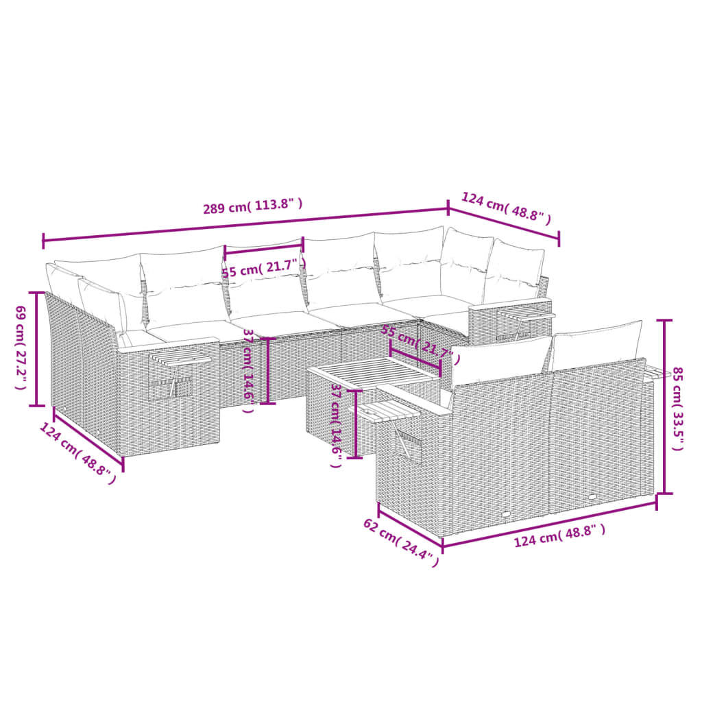 10 pcs conjunto sofás de jardim c/ almofadões vime PE cinzento - Leva - Me - Contigo