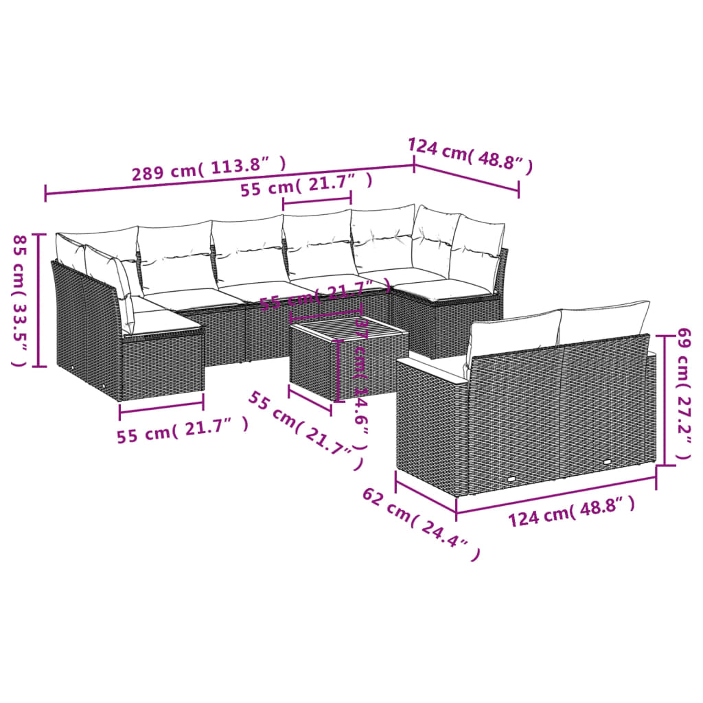 10 pcs conjunto sofás de jardim c/ almofadões vime PE cinzento - Leva - Me - Contigo