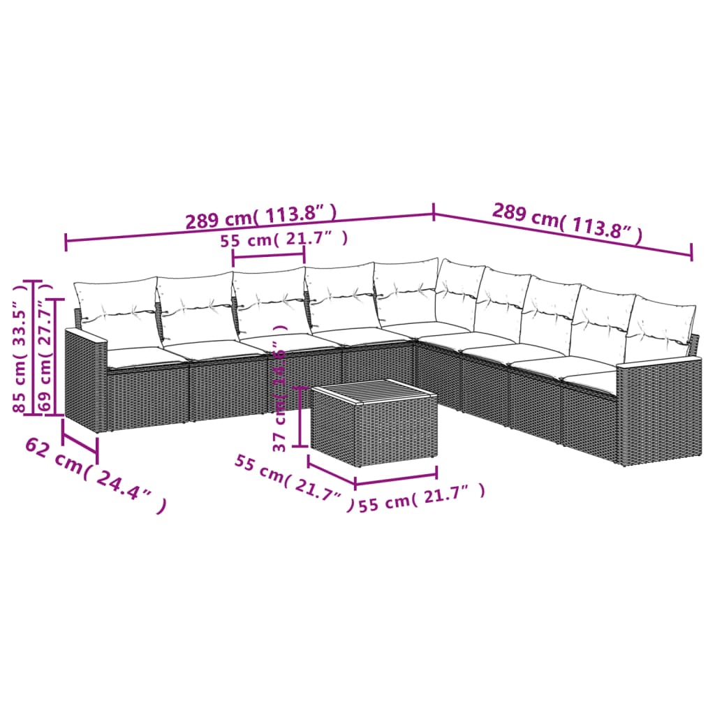 10 pcs conjunto sofás de jardim c/ almofadões vime PE cinzento - Leva - Me - Contigo