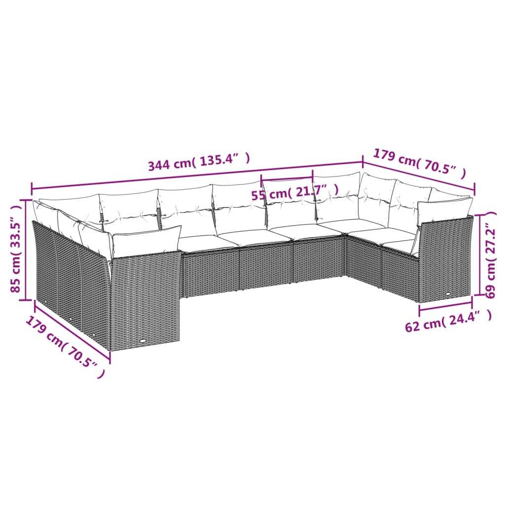 10 pcs conjunto sofás de jardim c/ almofadões vime PE cinzento - Leva - Me - Contigo