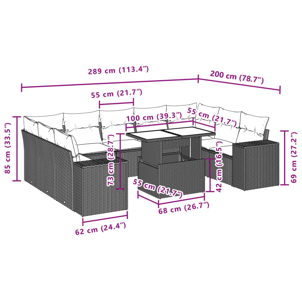 10 pcs conjunto sofás de jardim c/ almofadões vime PE cinzento - Leva - Me - Contigo