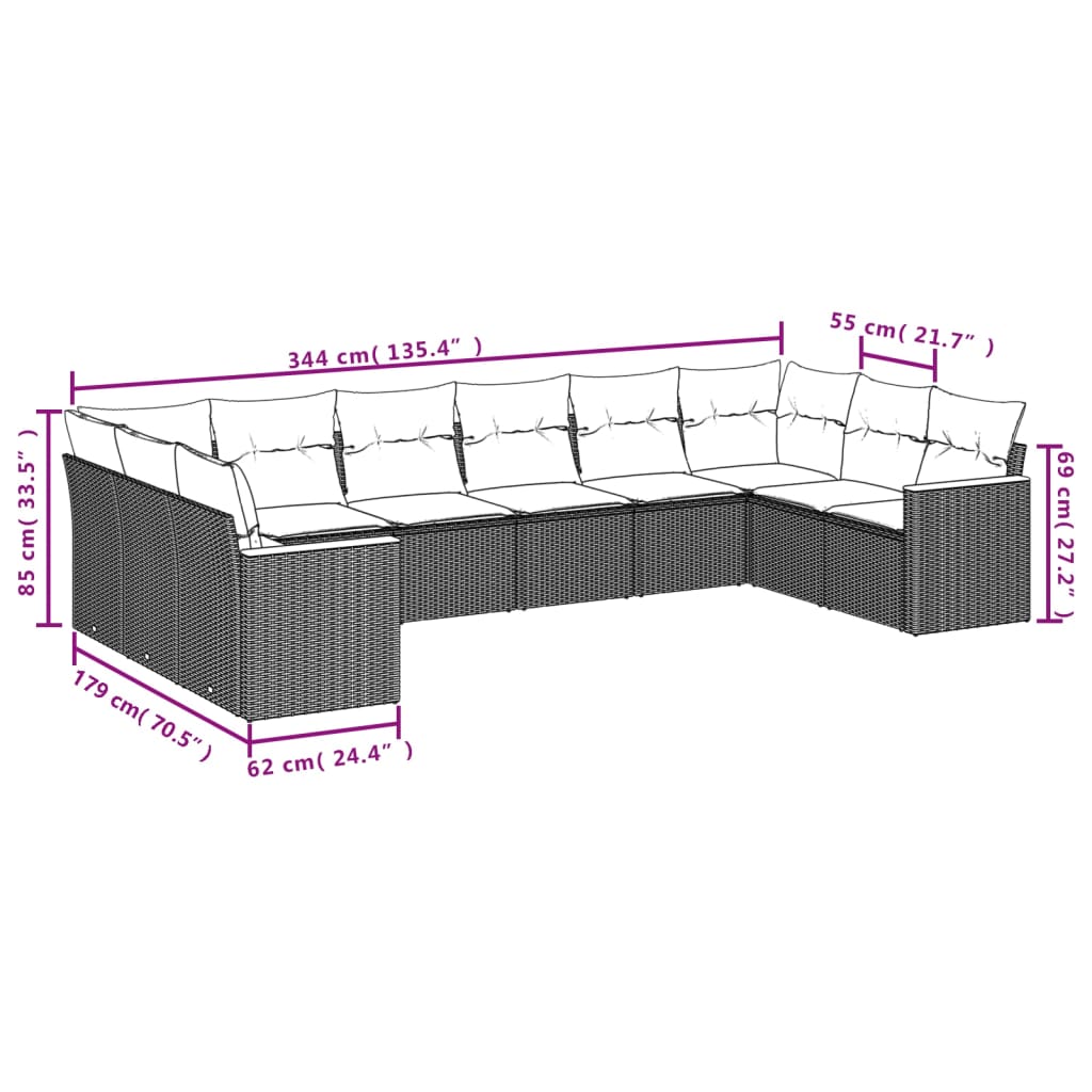 10 pcs conjunto sofás de jardim c/ almofadões vime PE cinzento - Leva - Me - Contigo