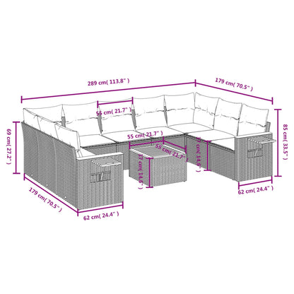 10 pcs conjunto sofás de jardim c/ almofadões vime PE cinzento - Leva - Me - Contigo