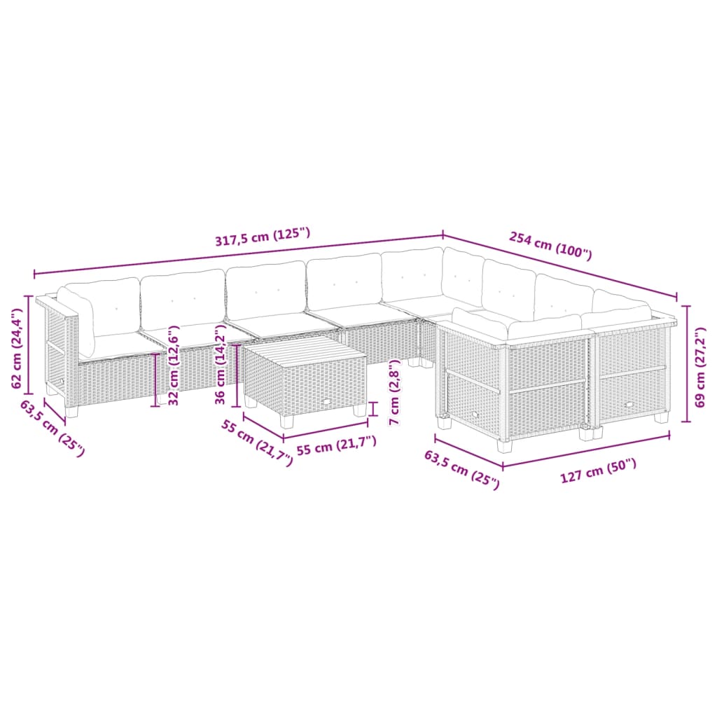 10 pcs conjunto sofás de jardim c/ almofadões vime PE cinzento - Leva - Me - Contigo