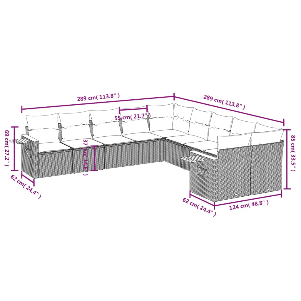 10 pcs conjunto sofás de jardim c/ almofadões vime PE cinzento - Leva - Me - Contigo