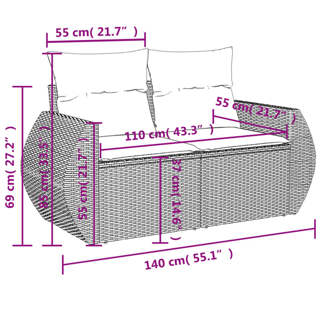 10 pcs conjunto sofás de jardim c/ almofadões vime PE cinzento - Leva - Me - Contigo