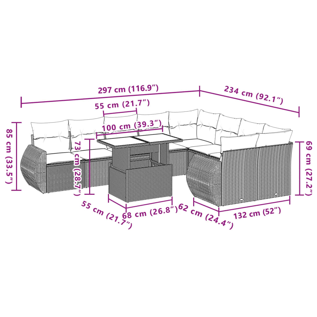 10 pcs conjunto sofás de jardim c/ almofadões vime PE cinzento - Leva - Me - Contigo