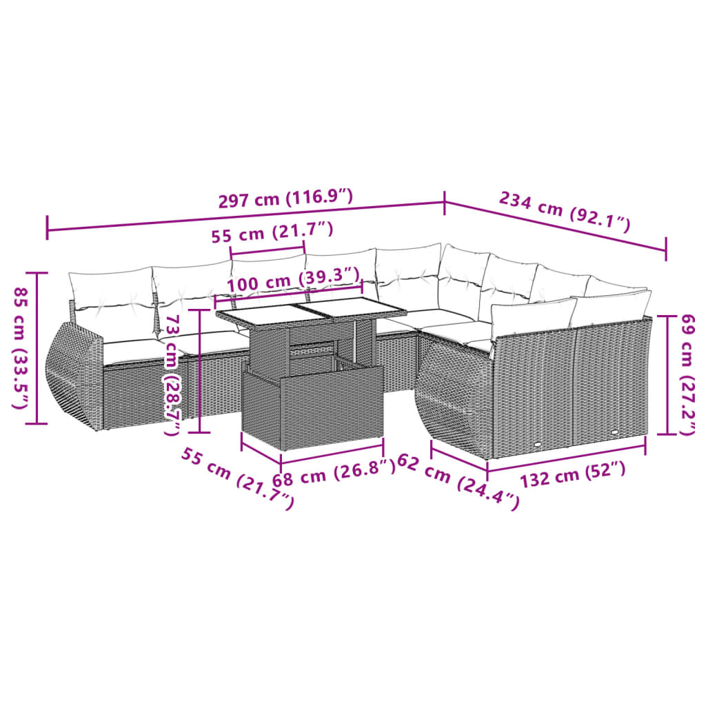 10 pcs conjunto sofás de jardim c/ almofadões vime PE preto - Leva - Me - Contigo