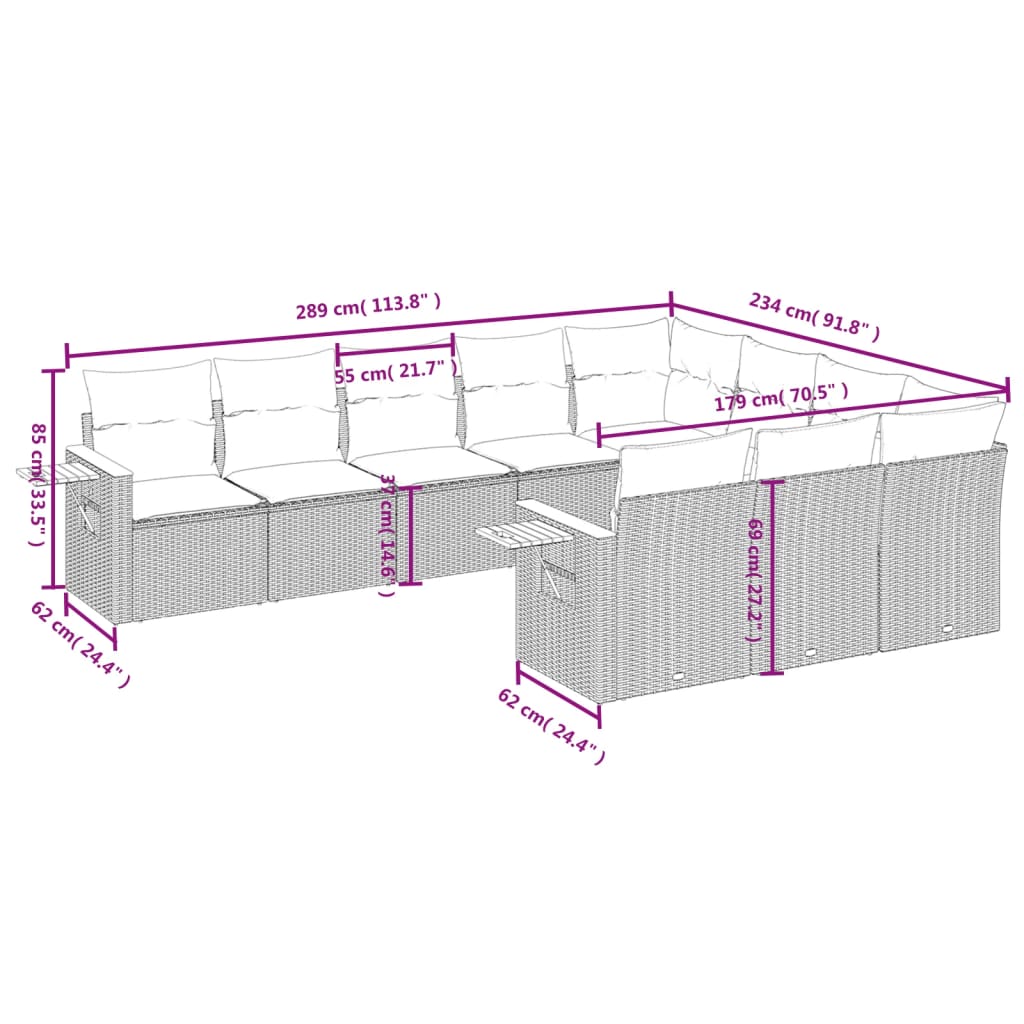 10 pcs conjunto sofás de jardim c/ almofadões vime PE preto - Leva - Me - Contigo