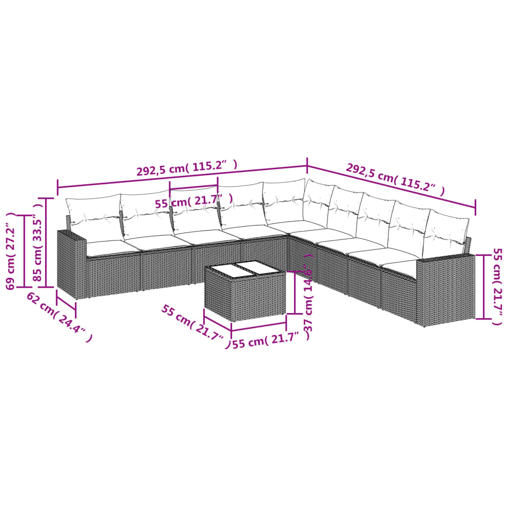 10 pcs conjunto sofás de jardim c/ almofadões vime PE preto - Leva - Me - Contigo