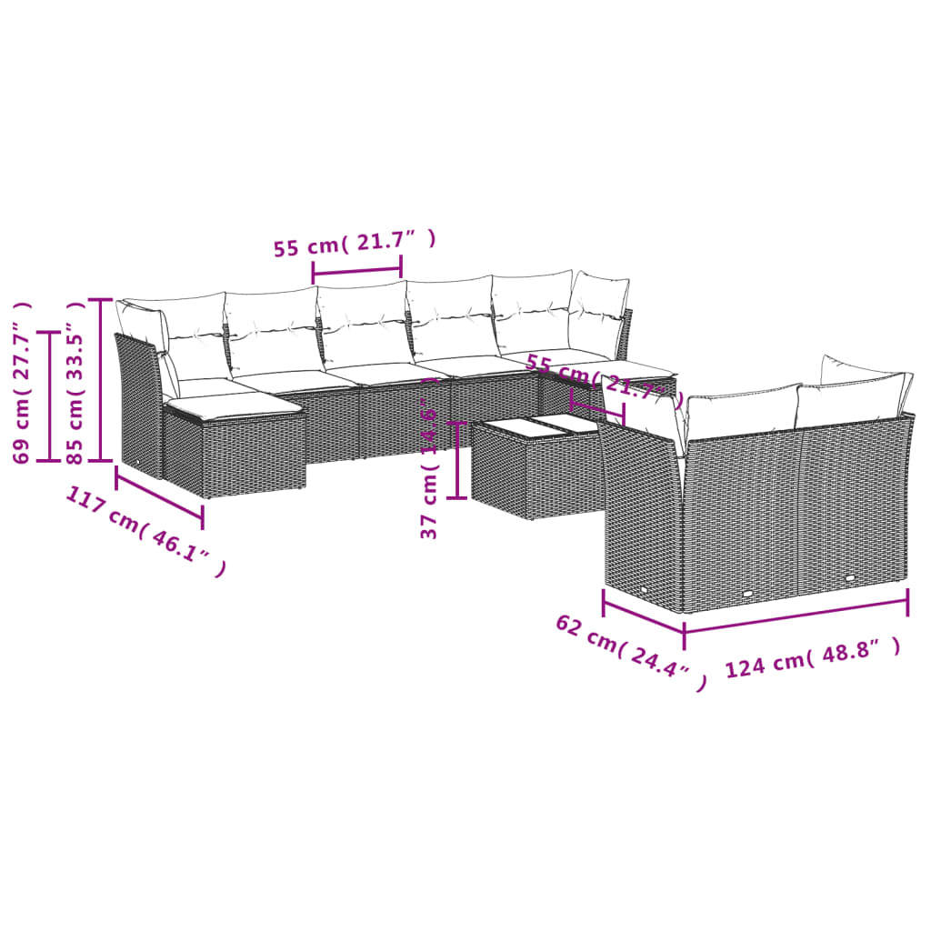 10 pcs conjunto sofás de jardim c/ almofadões vime PE preto - Leva - Me - Contigo