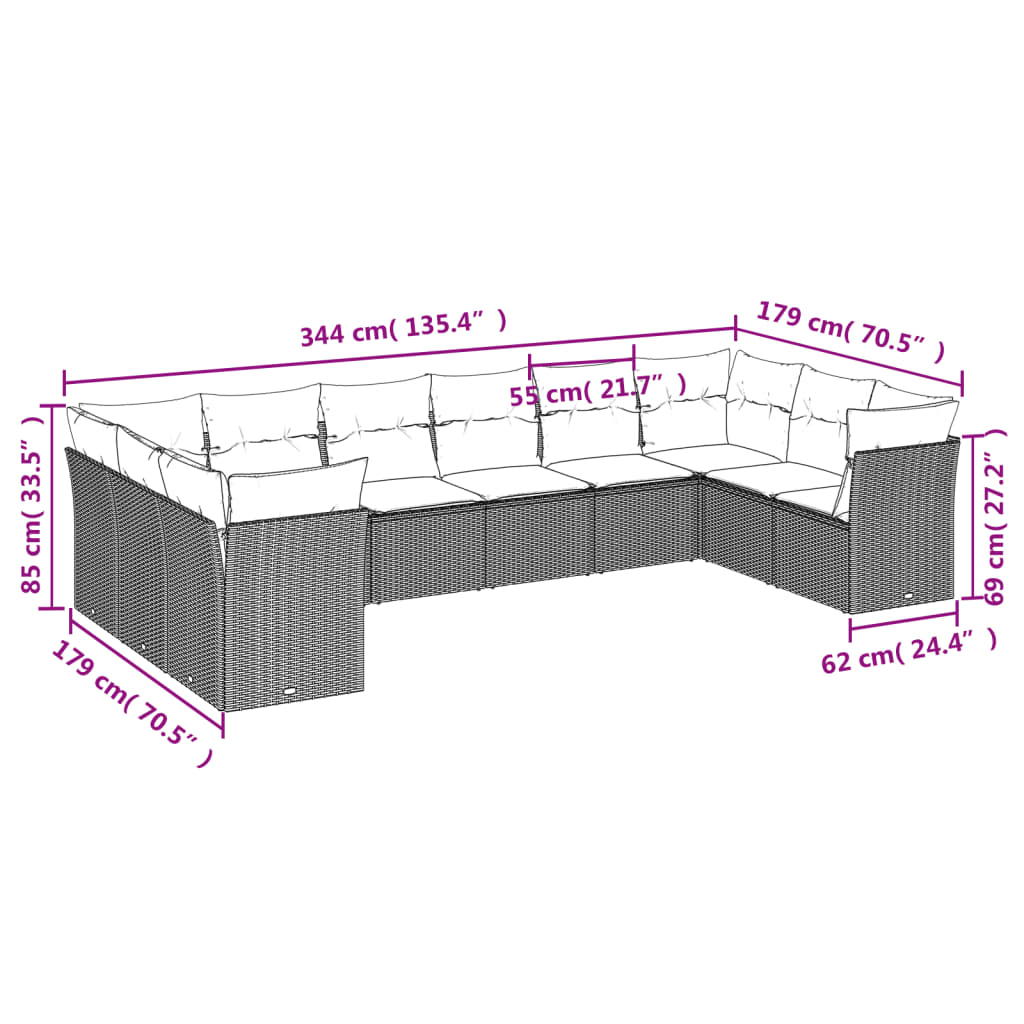 10 pcs conjunto sofás de jardim c/ almofadões vime PE preto - Leva - Me - Contigo