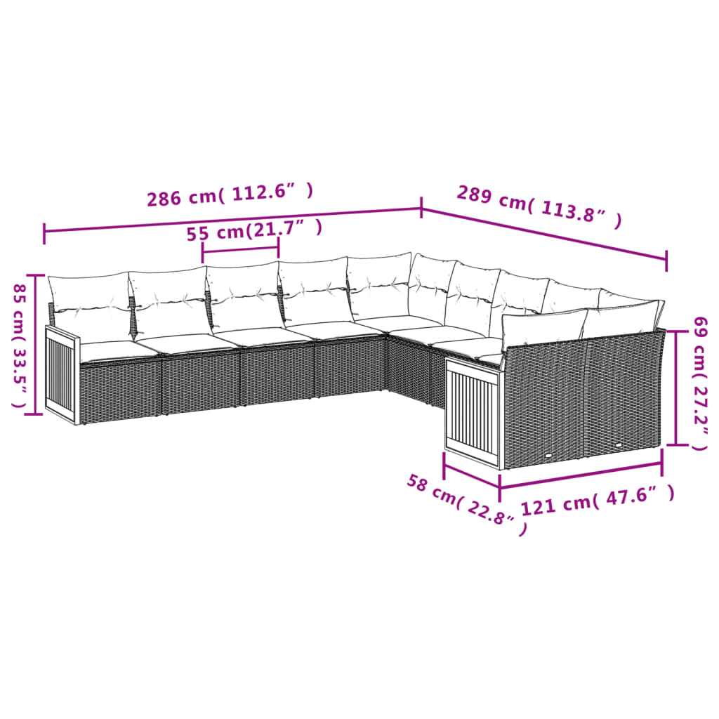 10 pcs conjunto sofás de jardim c/ almofadões vime PE preto - Leva - Me - Contigo