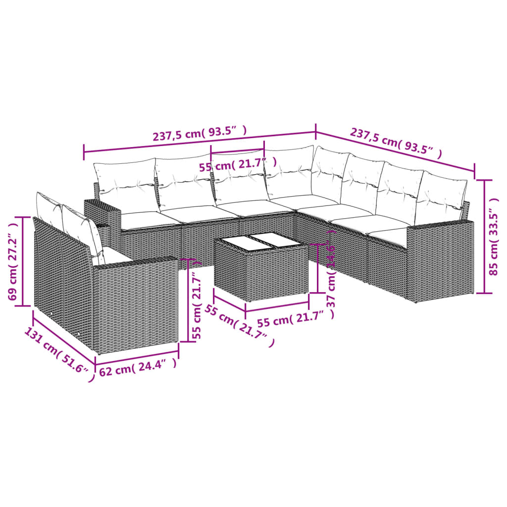 10 pcs conjunto sofás de jardim c/ almofadões vime PE preto - Leva - Me - Contigo