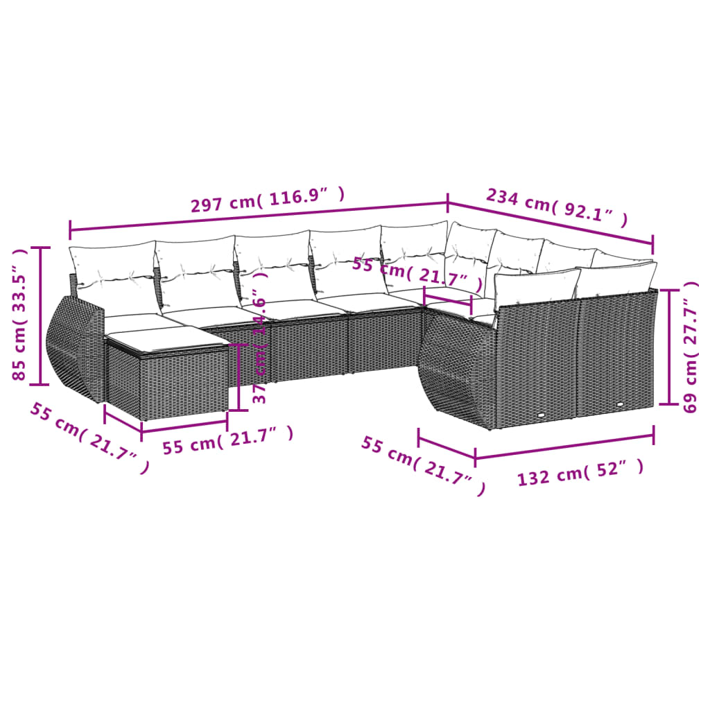 10 pcs conjunto sofás de jardim c/ almofadões vime PE preto - Leva - Me - Contigo