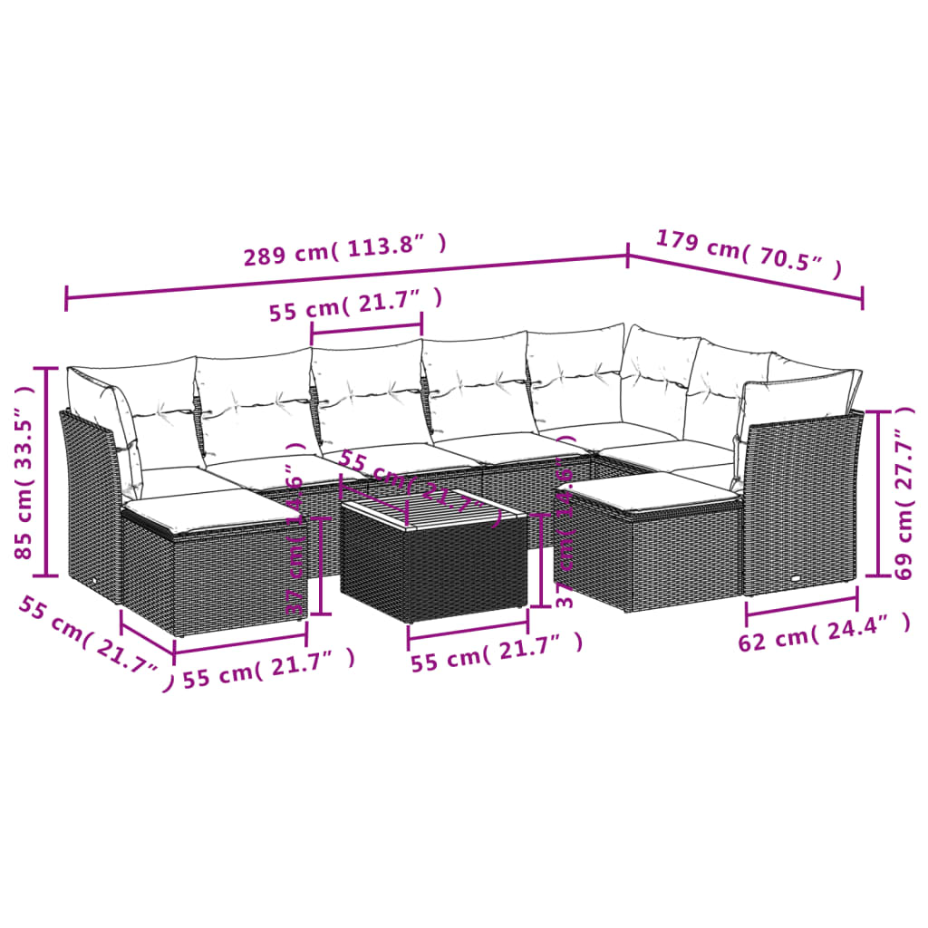 10 pcs conjunto sofás de jardim c/ almofadões vime PE preto - Leva - Me - Contigo