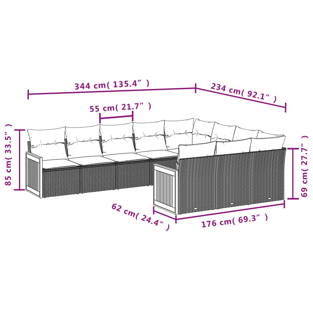 10 pcs conjunto sofás de jardim c/ almofadões vime PE preto - Leva - Me - Contigo