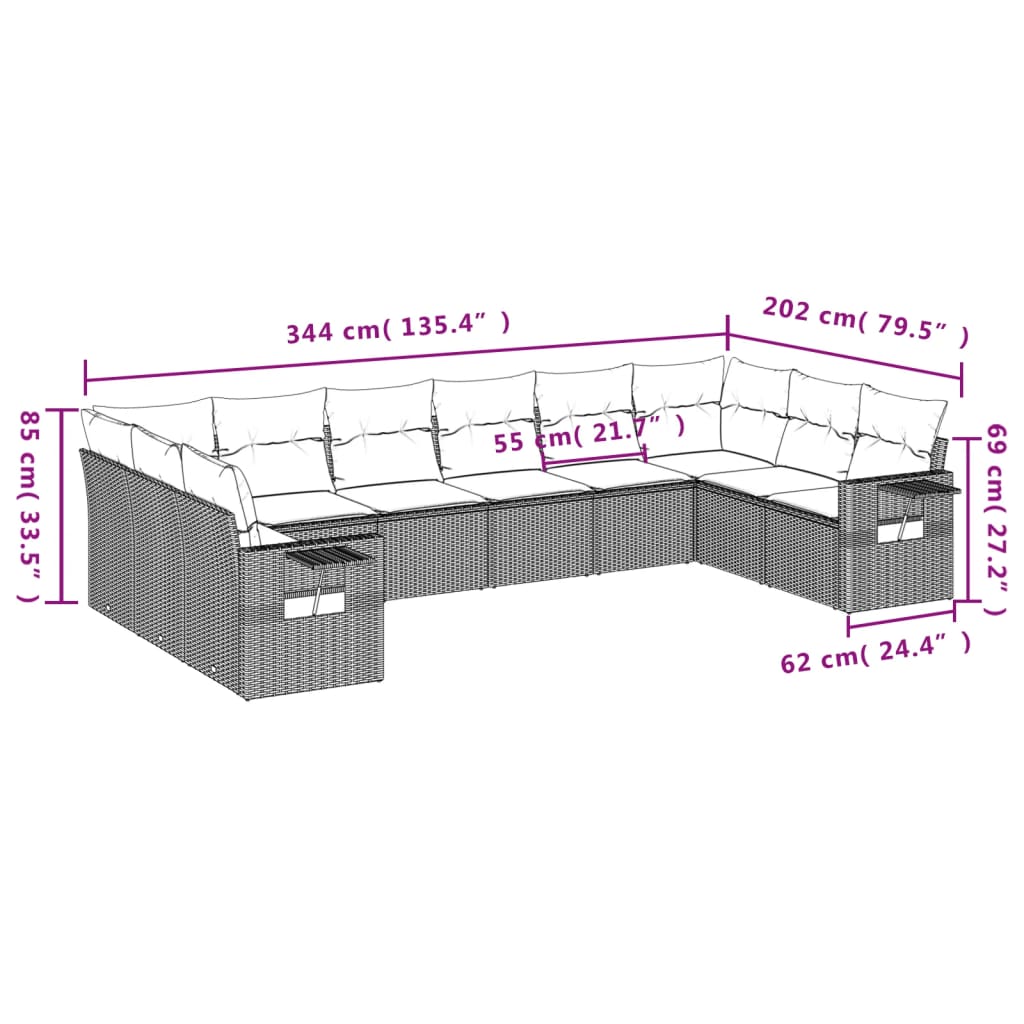 10 pcs conjunto sofás de jardim c/ almofadões vime PE preto - Leva - Me - Contigo