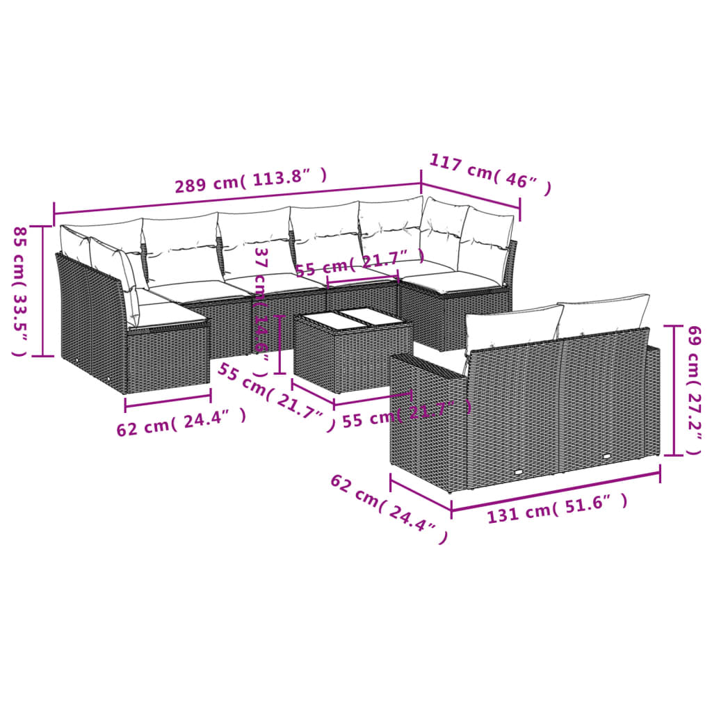 10 pcs conjunto sofás de jardim c/ almofadões vime PE preto - Leva - Me - Contigo