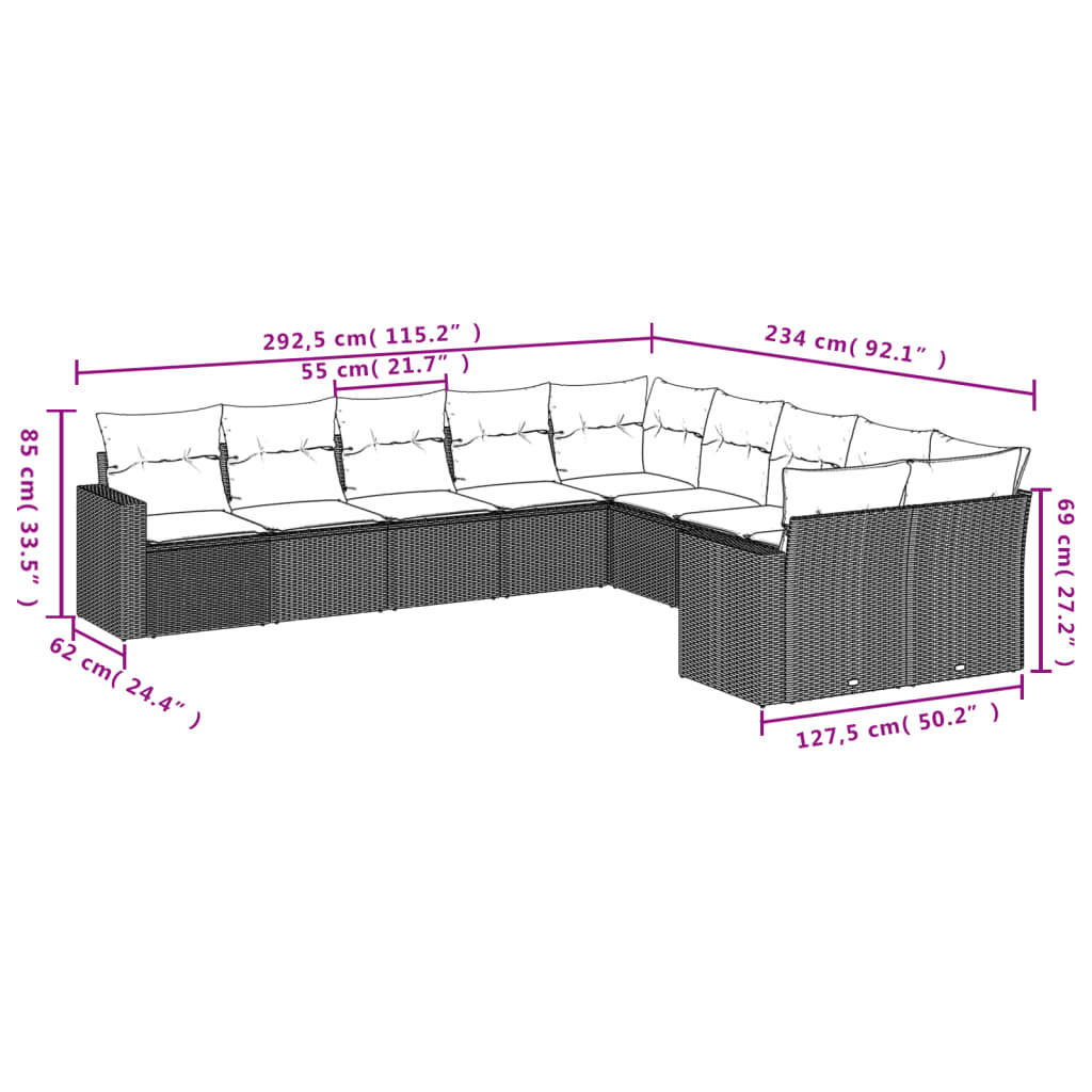 10 pcs conjunto sofás de jardim c/ almofadões vime PE preto - Leva - Me - Contigo