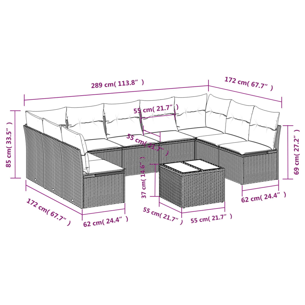 10 pcs conjunto sofás de jardim c/ almofadões vime PE preto - Leva - Me - Contigo