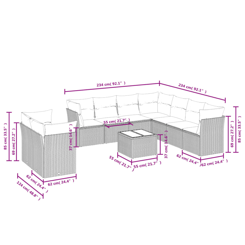 10 pcs conjunto sofás de jardim c/ almofadões vime PE preto - Leva - Me - Contigo