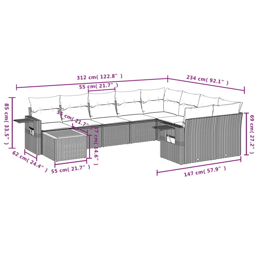 10 pcs conjunto sofás de jardim c/ almofadões vime PE preto - Leva - Me - Contigo